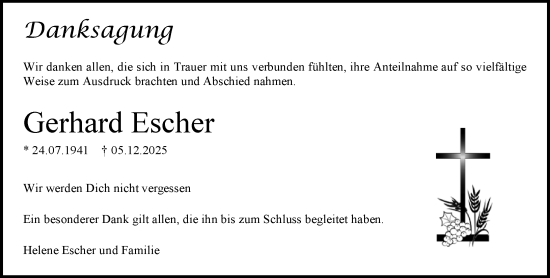 Traueranzeige von Gerhard Escher von Allgemeine Zeitung Mainz