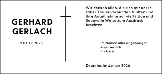 Traueranzeige von Gerhard Gerlach von Hinterländer Anzeiger