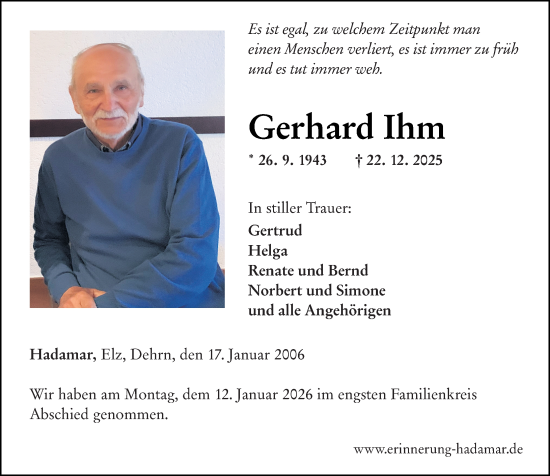 Traueranzeige von Gerhard Ihm von Nassauische Neue Presse