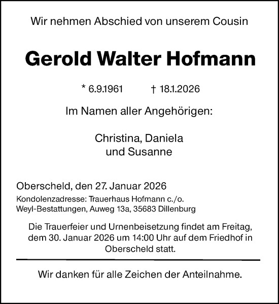 Traueranzeige von Gerold Walter Hofmann von Dill Block