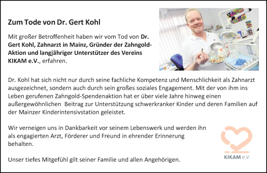 Traueranzeige von Gert Kohl von Allgemeine Zeitung Mainz