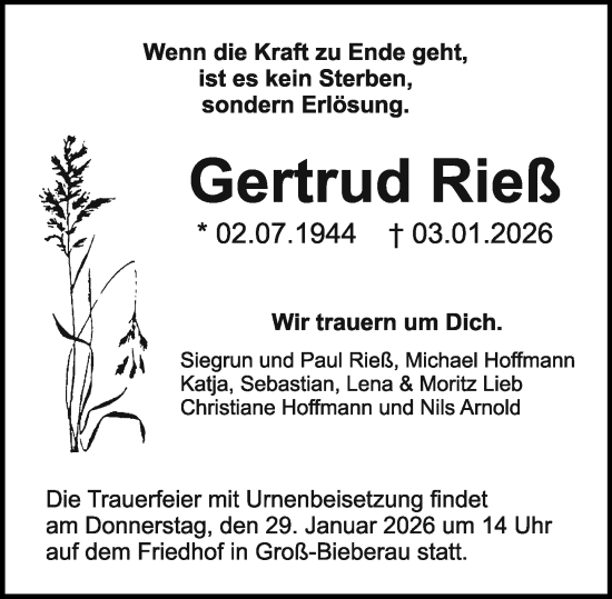 Traueranzeige von Gertrud Riel von Darmstädter Echo