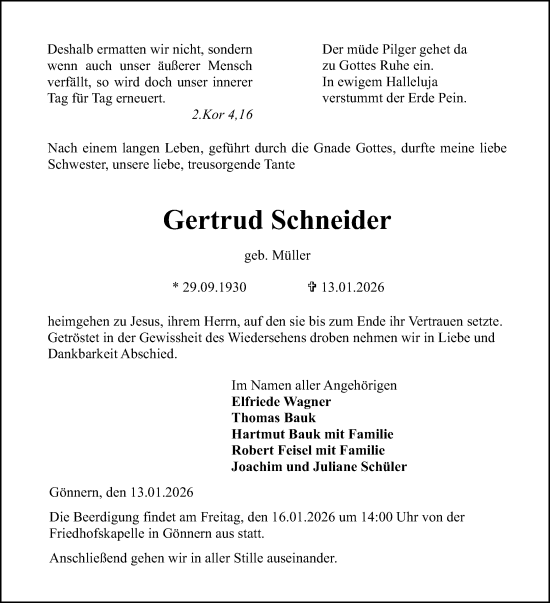 Traueranzeige von Gertrud Schneider von Hinterländer Anzeiger