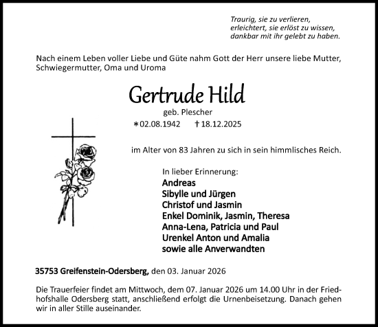 Traueranzeige von Gertrude Hild von Dill Block