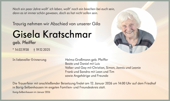 Traueranzeige von Gisela Kratschmar von Weilburger Tageblatt