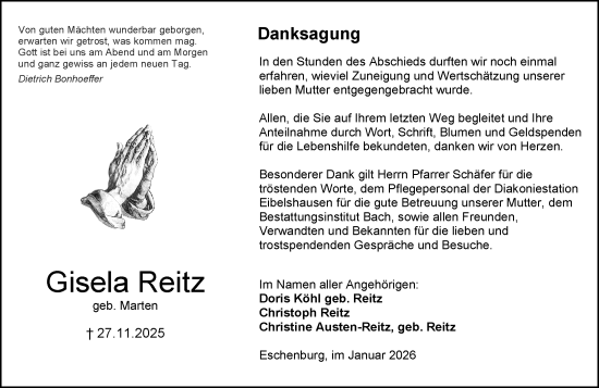 Traueranzeige von Gisela Reitz von Dill Block
