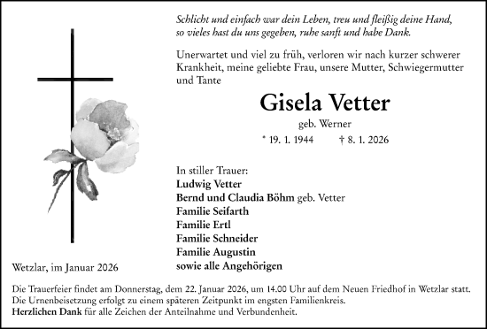 Traueranzeige von Gisela Vetter von Wetzlarer Neue Zeitung