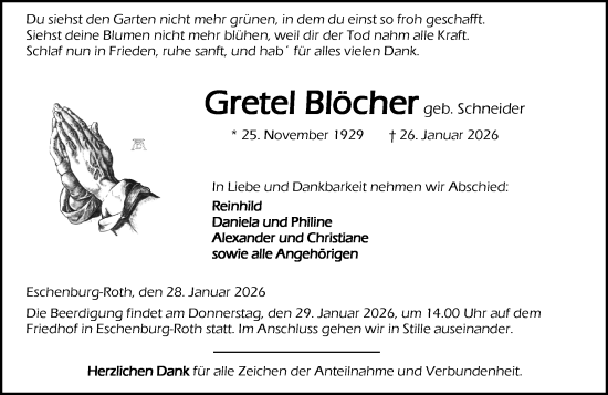 Traueranzeige von Gretel Blöcher von Dill Block