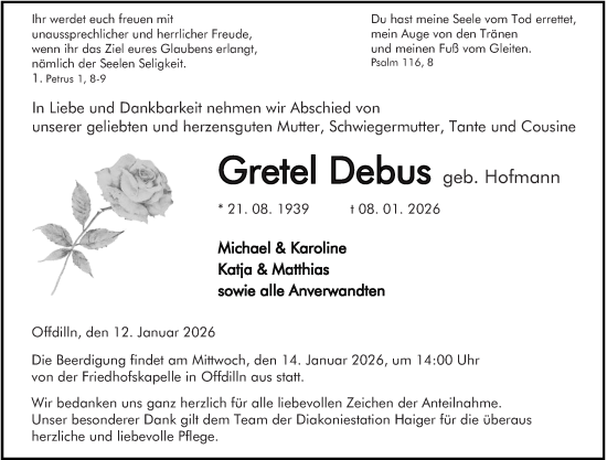 Traueranzeige von Gretel Debus von Dill Block