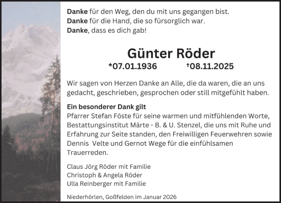 Traueranzeige von Günter Röder von Hinterländer Anzeiger