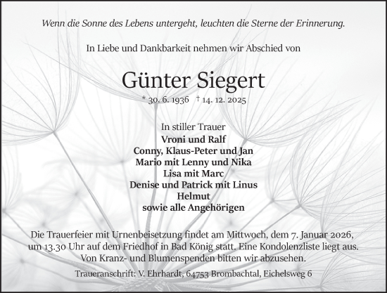 Traueranzeige von Günter Siegert von Odenwälder Echo