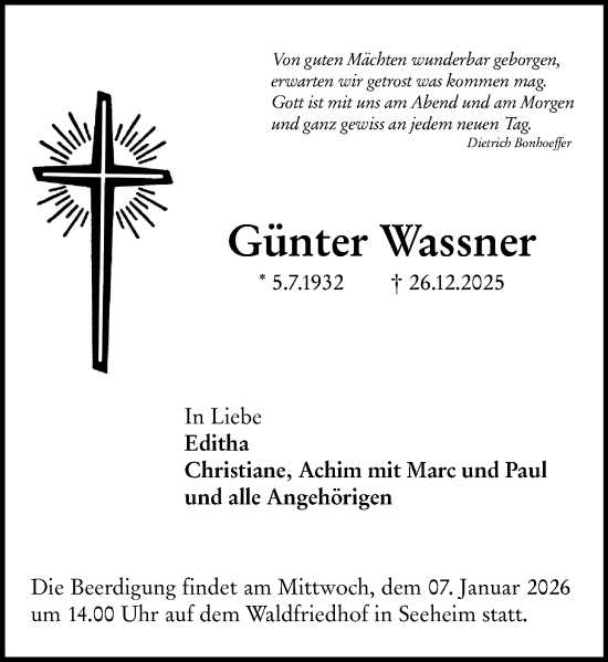 Traueranzeige von Günter Wassner von Darmstädter Echo