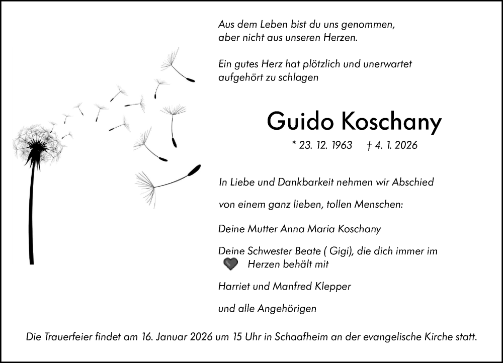  Traueranzeige für Guido Koschany vom 10.01.2026 aus Allgemeine Zeitung Mainz