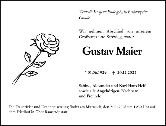 Traueranzeige von Gustav Maier von Dieburger Anzeiger/Groß-Zimmerner Lokal-Anzeiger