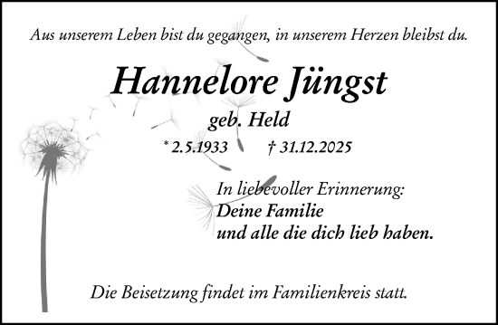 Traueranzeige von Hannelore Jüngst von Dill Block