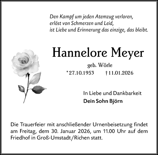 Traueranzeige von Hannelore Meyer von Dieburger Anzeiger/Groß-Zimmerner Lokal-Anzeiger