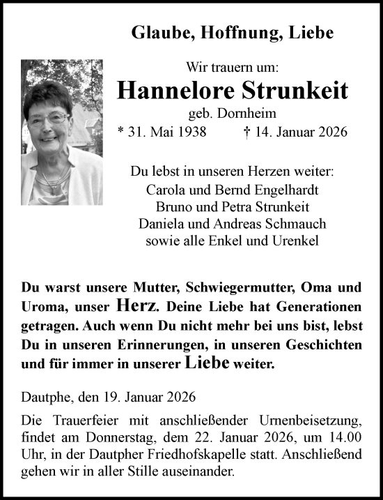 Traueranzeige von Hannelore Strunkeit von Hinterländer Anzeiger