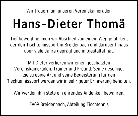 Traueranzeige von Hans-Dieter Thomä von Hinterländer Anzeiger