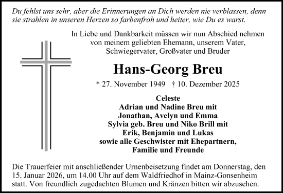 Traueranzeige von Hans-Georg Breu von Allgemeine Zeitung Mainz