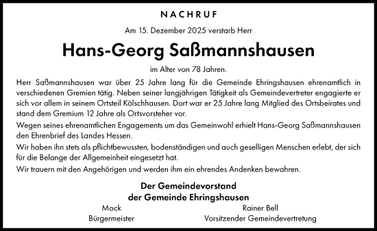 Traueranzeige von Hans-Georg Saßmannshausen von Wetzlarer Neue Zeitung