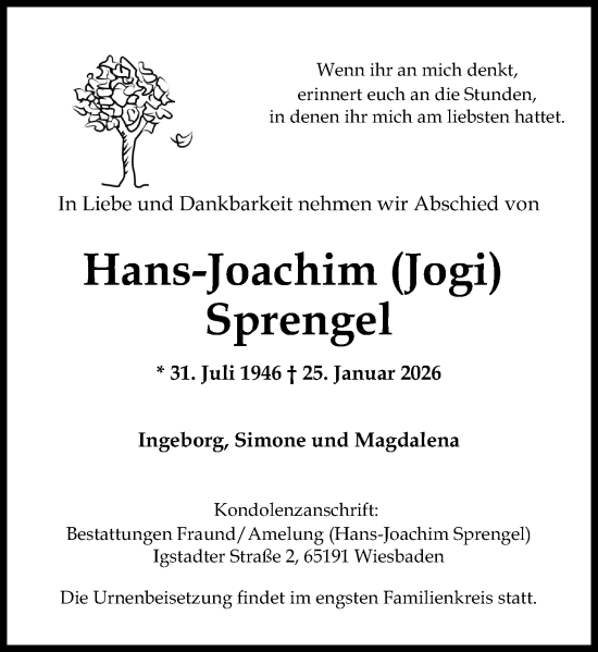 Traueranzeige von Hans-Joachim Sprengel von Wiesbadener Kurier