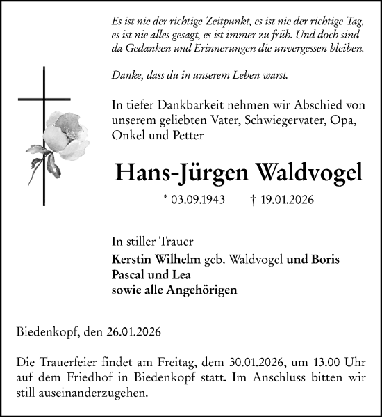 Traueranzeige von Hans-Jürgen Waldvogel von Hinterländer Anzeiger