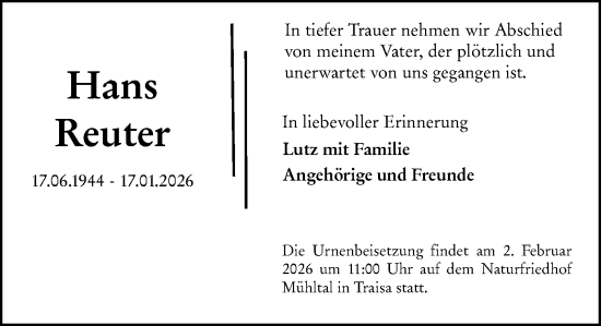 Traueranzeige von Hans Reuter von Darmstädter Echo