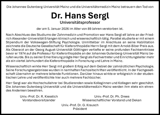 Traueranzeige von Hans Sergl von Allgemeine Zeitung Mainz