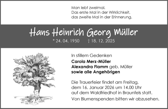 Traueranzeige von Hans Heinrich Georg Müller von Wetzlarer Neue Zeitung
