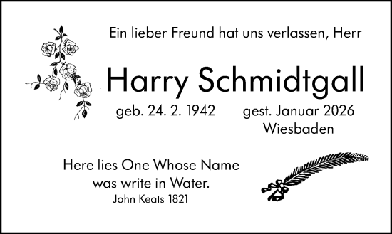 Traueranzeige von Harry Schmidtgall von Wiesbadener Kurier