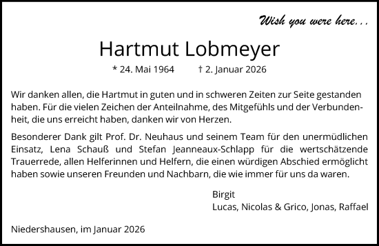 Traueranzeige von Hartmut Lobmeyer von Weilburger Tageblatt
