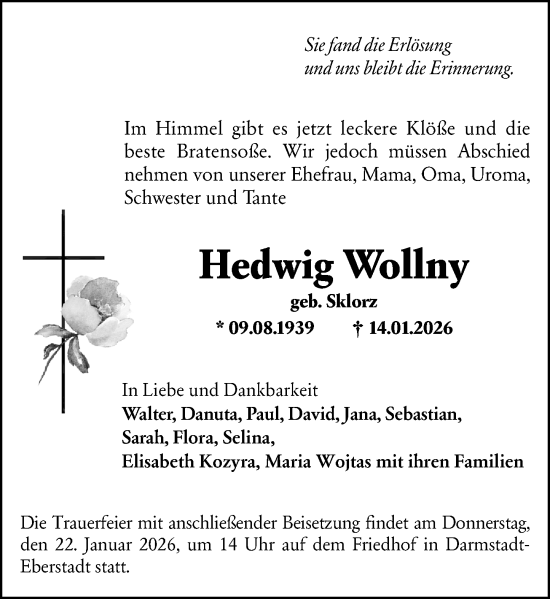 Traueranzeige von Hedwig Wollny von Darmstädter Echo