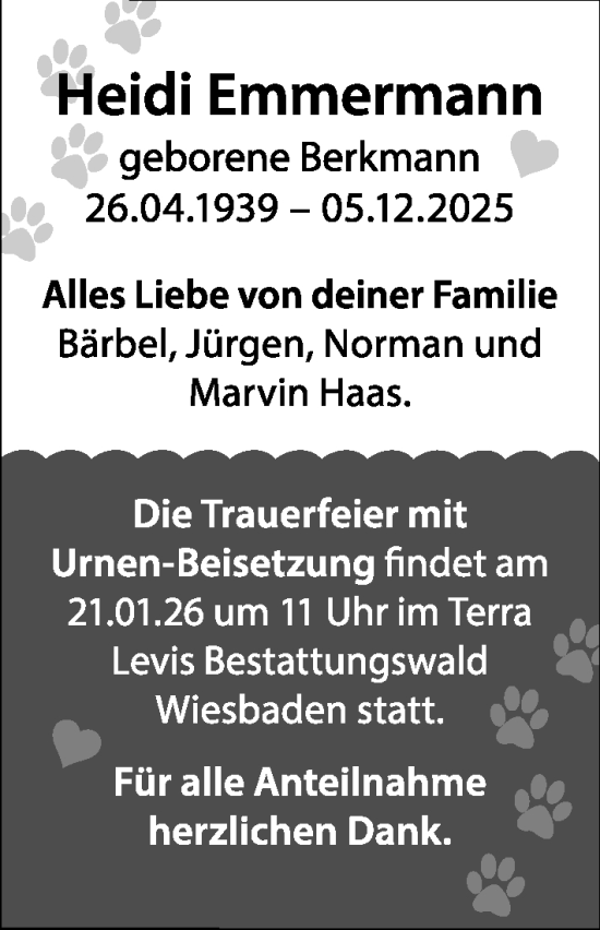 Traueranzeige von Heidi Emmermann von Wiesbadener Kurier