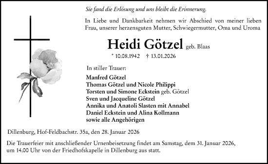 Traueranzeige von Heidi Götzel von Dill Block