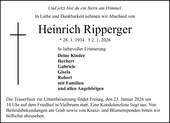 Traueranzeige von Heinrich Ripperger von Odenwälder Echo