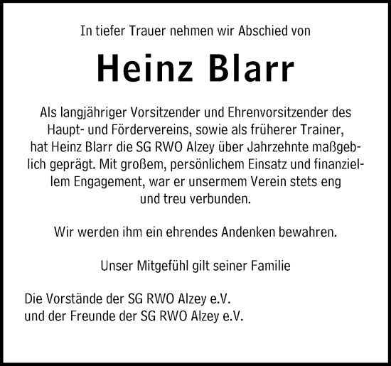 Traueranzeige von Heinz Blarr von Allgemeine Zeitung Alzey