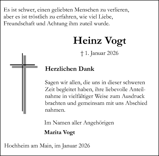Traueranzeige von Heinz Vogt von Hochheimer Zeitung