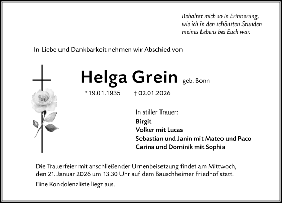 Traueranzeige von Helga Grein von Rüsselsheimer Echo