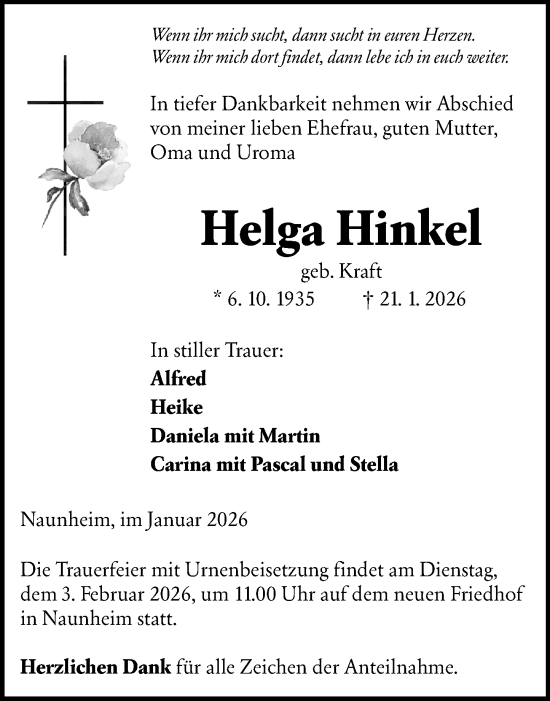 Traueranzeige von Helga Hinkel von Wetzlarer Neue Zeitung