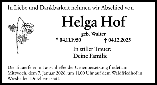 Traueranzeige von Helga Hof von Wiesbadener Kurier