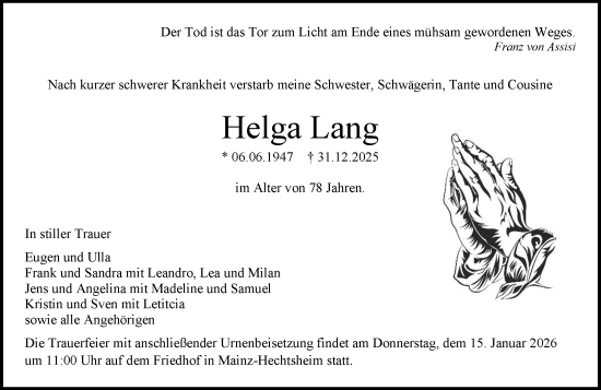 Traueranzeige von Helga Lang von Allgemeine Zeitung Mainz