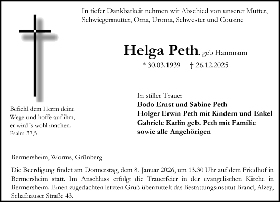 Traueranzeige von Helga Peth von Wormser Zeitung