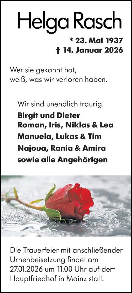 Traueranzeige von Helga Rasch von Allgemeine Zeitung Mainz