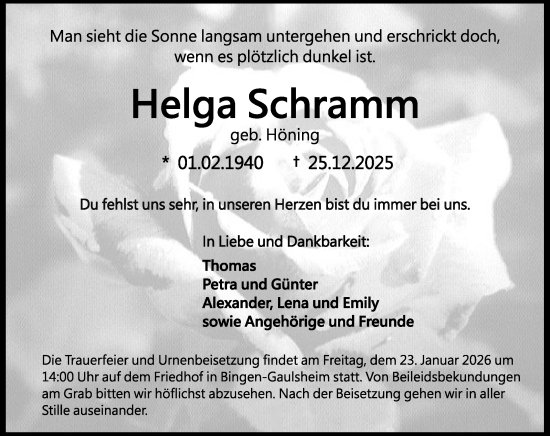Traueranzeige von Helga Schramm von Binger-/Ingelheimer Wochenblatt
