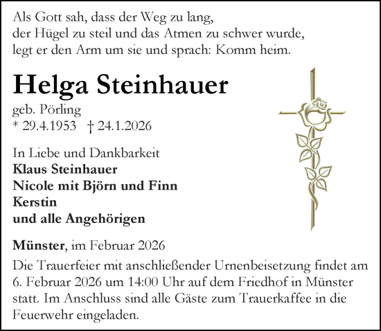 Traueranzeige von Helga Steinhauer von Camberger Anzeiger