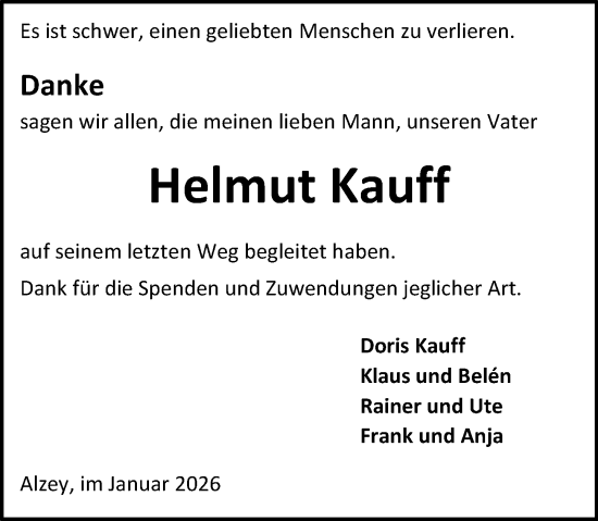 Traueranzeige von Helmut Kauff von Allgemeine Zeitung Alzey