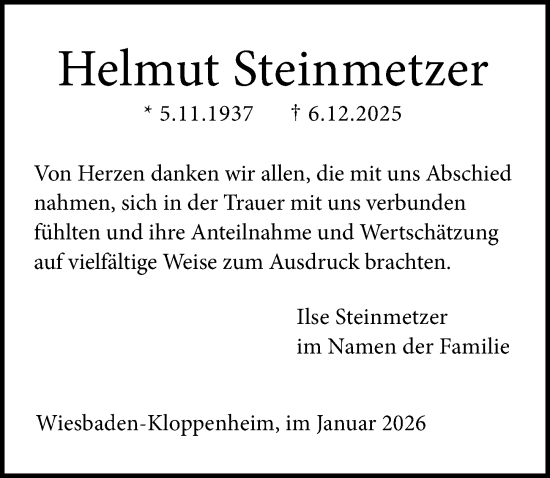 Traueranzeige von Helmut Steinmetzer von Wiesbadener Kurier