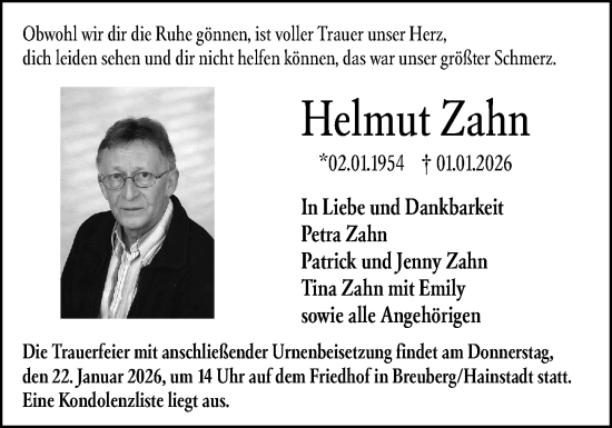 Traueranzeige von Helmut Zahn von Odenwälder Echo