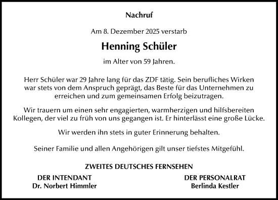 Traueranzeige von Henning Schüler von Allgemeine Zeitung Mainz