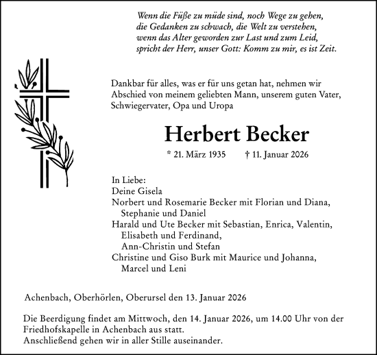 Traueranzeige von Herbert Becker von Hinterländer Anzeiger